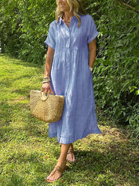 Mireille | Gestreepte Midi Blousejurk met Strepen Korte Mouw