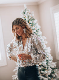 Lysandra | Pailletten Blouse met V-Hals en Lange Mouwen