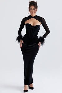 Alexandra | Glamour Maxi Jurk met Korset en Veren